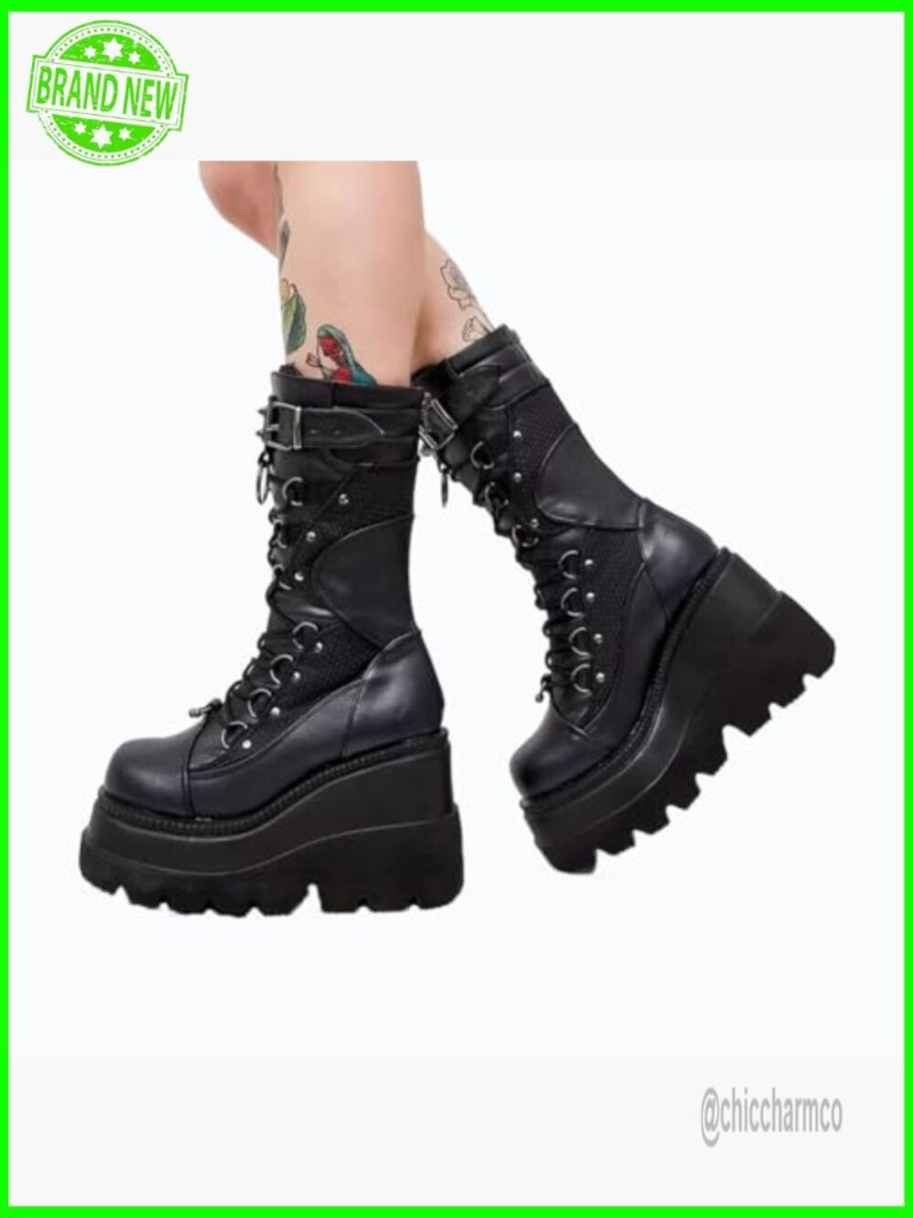 Gothic Platform Combat Boots Chunky Wedge Lace-Up Mid-Calf - Picture 2 of 7